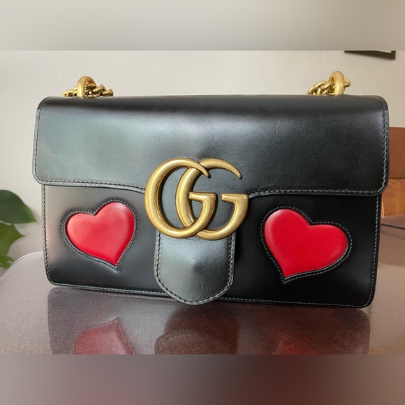 GUCCI Calfskin Heart Medium GG Marmont Chain Handle Bag - Picture 1 of 15
